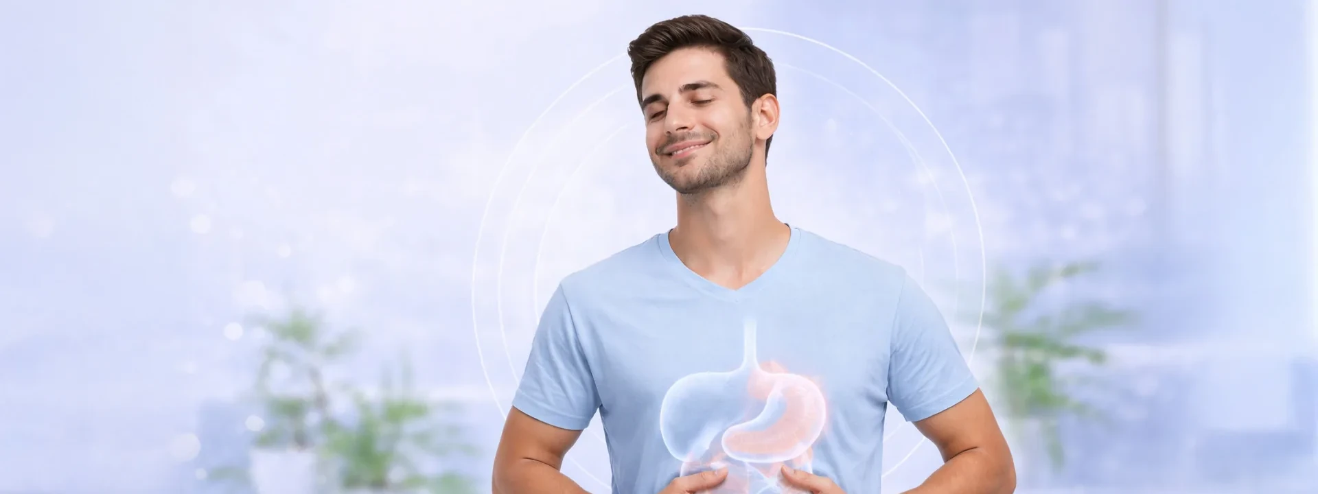 Adult with gentle stomach discomfort in a calm gut wellness setting