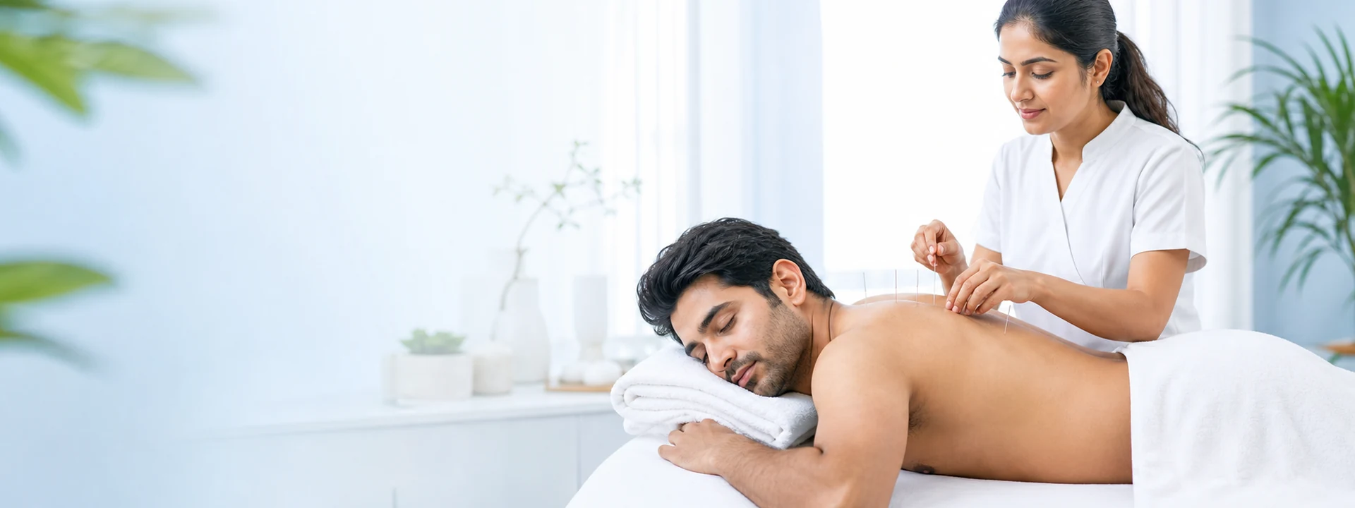 Professional acupuncture therapy session with a relaxed patient and therapist in a calm naturopathy clinic