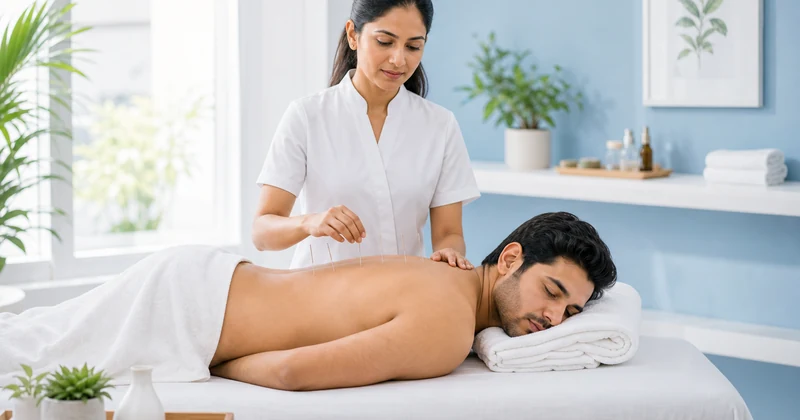 Professional acupuncture session in progress with gentle needle placement and a relaxed patient