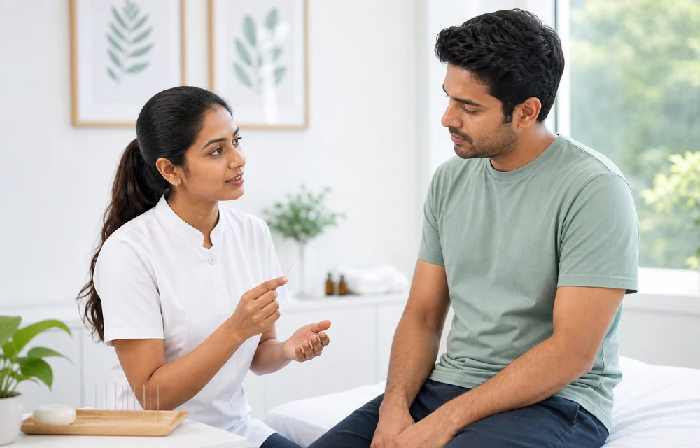 Naturopathy therapist explaining acupuncture care to a patient in a bright clinic