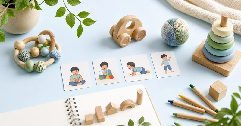 Child development toys milestone notebook and sensory-friendly learning objects