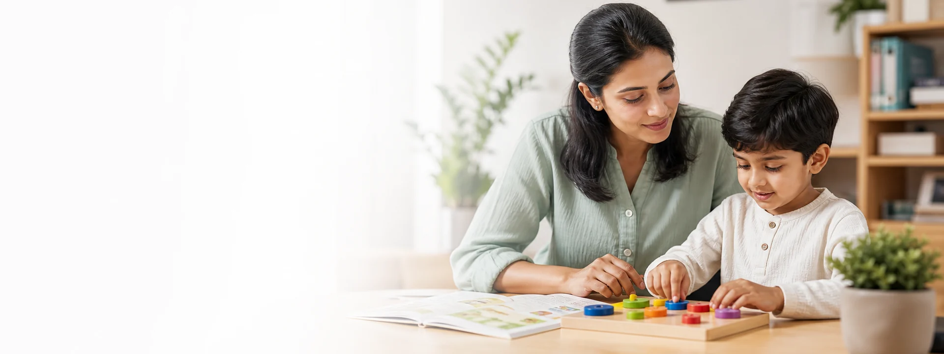 Parent gently supporting a child during early child development activities