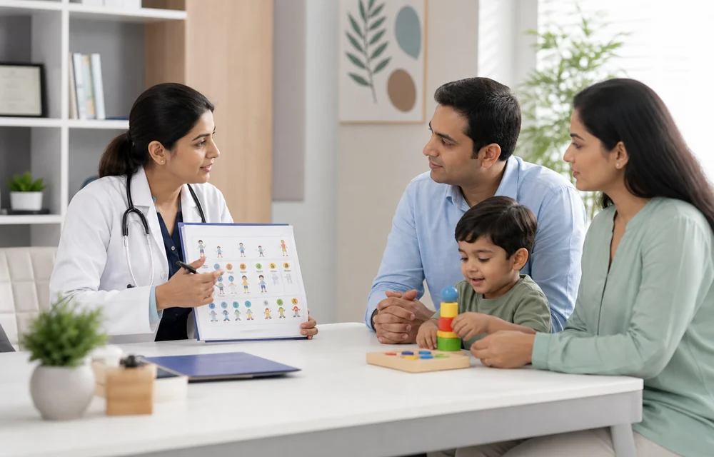 Doctor explaining child development milestones and early support to parents
