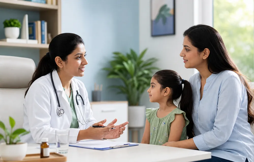 Doctor-guided child immunity consultation with parent and child