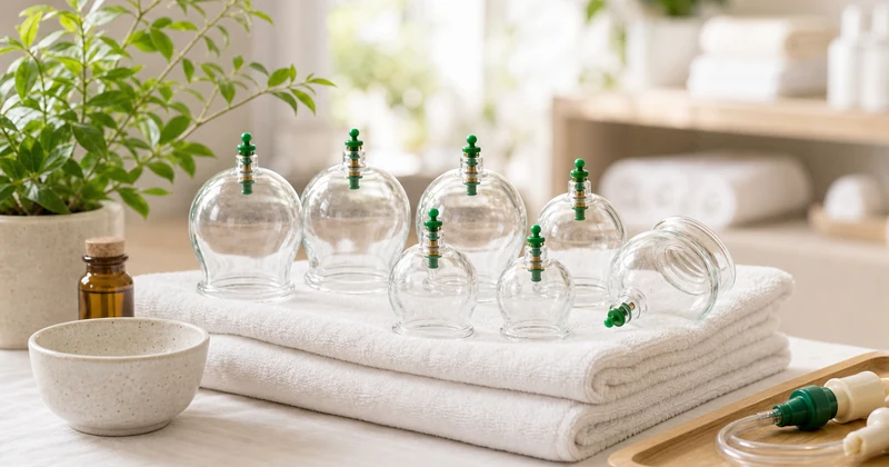 Glass cupping jars arranged for safe muscle tension and relaxation support
