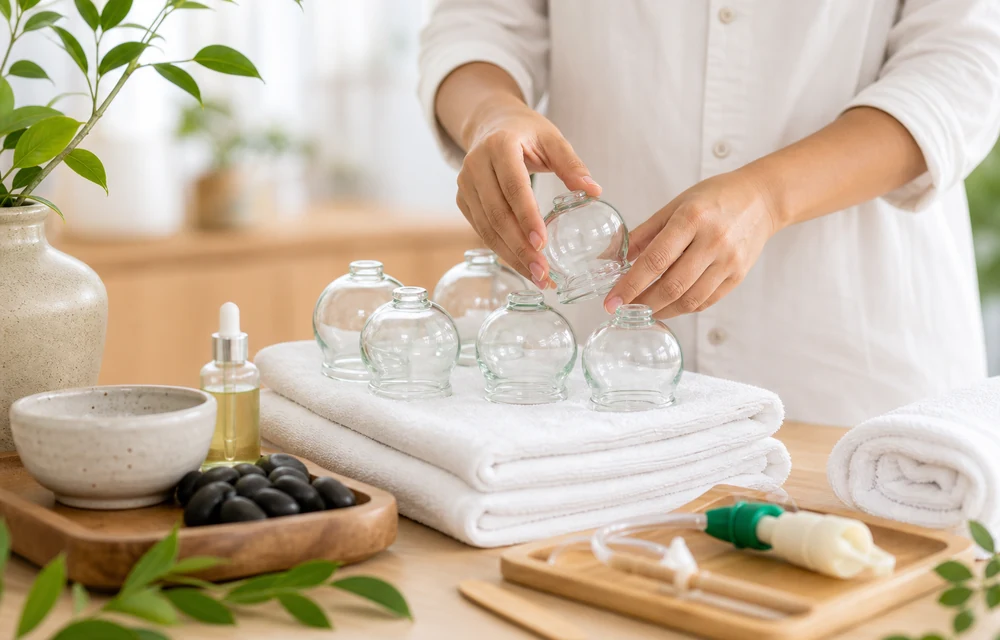Clean cupping therapy jars prepared in a premium naturopathy clinic