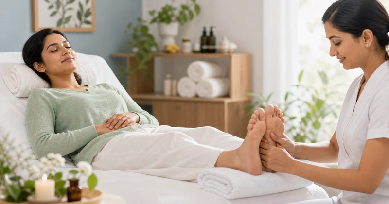 Foot reflexology pressure point concept with natural wellness elements