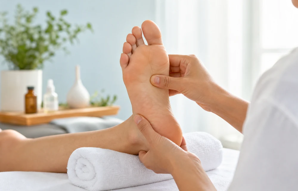 Professional foot reflexology therapy session for pressure point relaxation support