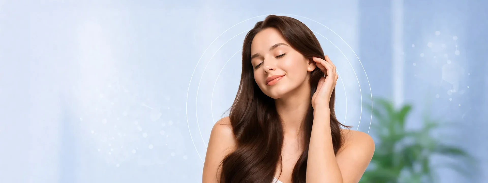 Indian woman touching her hair with a calm trichology wellness expression