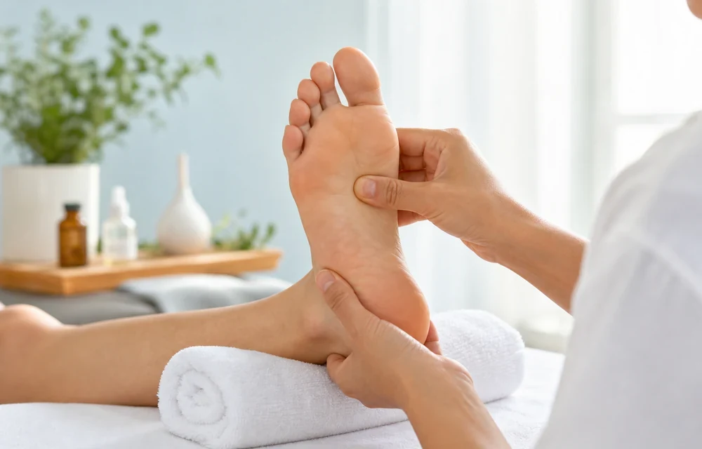 Close-up of professional foot pressure-point therapy used in Nadipathy care