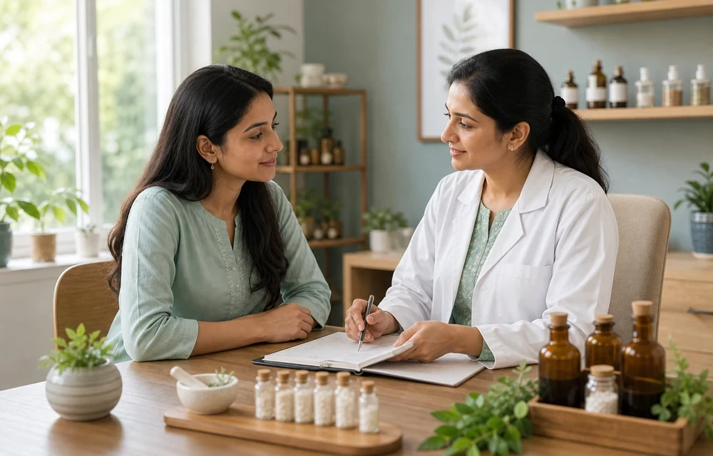 Doctor consultation about recurring psoriasis triggers and skin management support