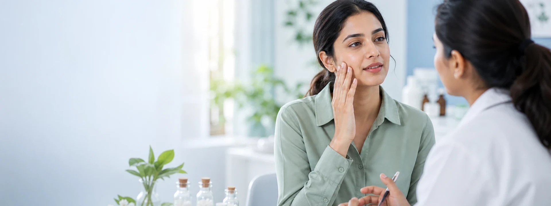 Adult with mild skin concern on the arm in a calm dermatology wellness setting