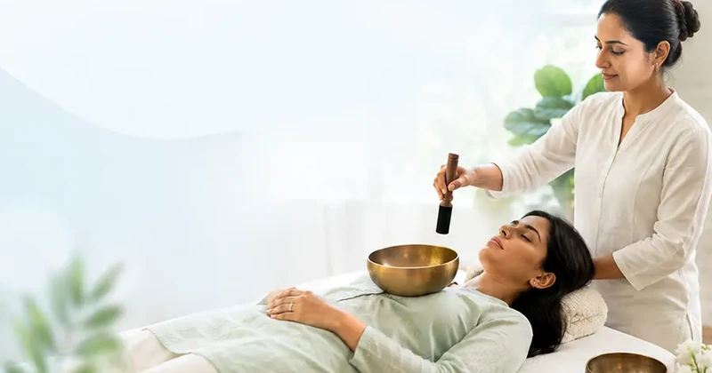 Sound healing therapist using a singing bowl on a resting patient during a calm wellness session