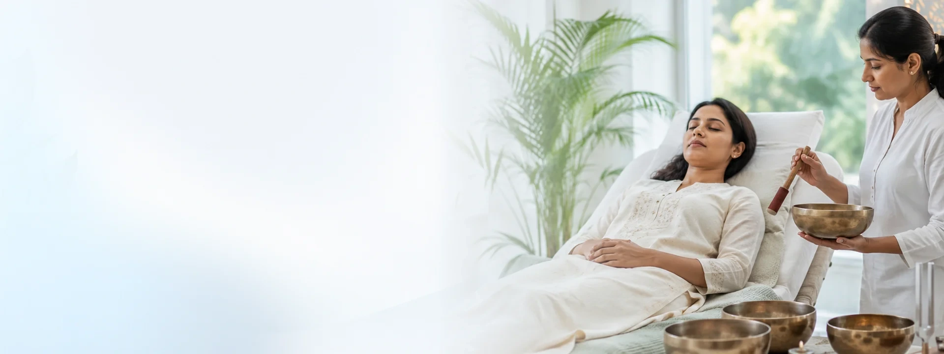 Woman resting during a premium sound healing session while a therapist uses a singing bowl nearby