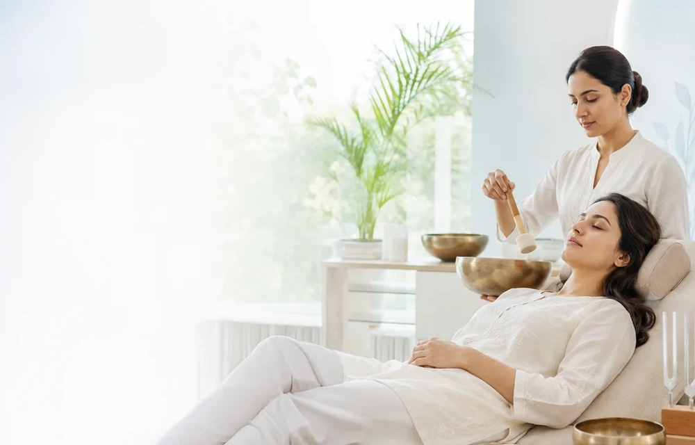 Therapist guiding a sound healing session beside a reclining patient in a bright wellness room