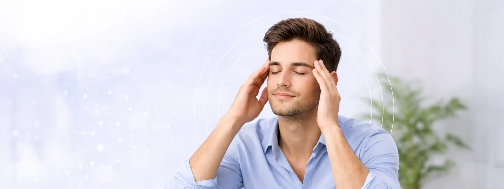 Calm adult in a bright room representing stress relief and emotional wellness