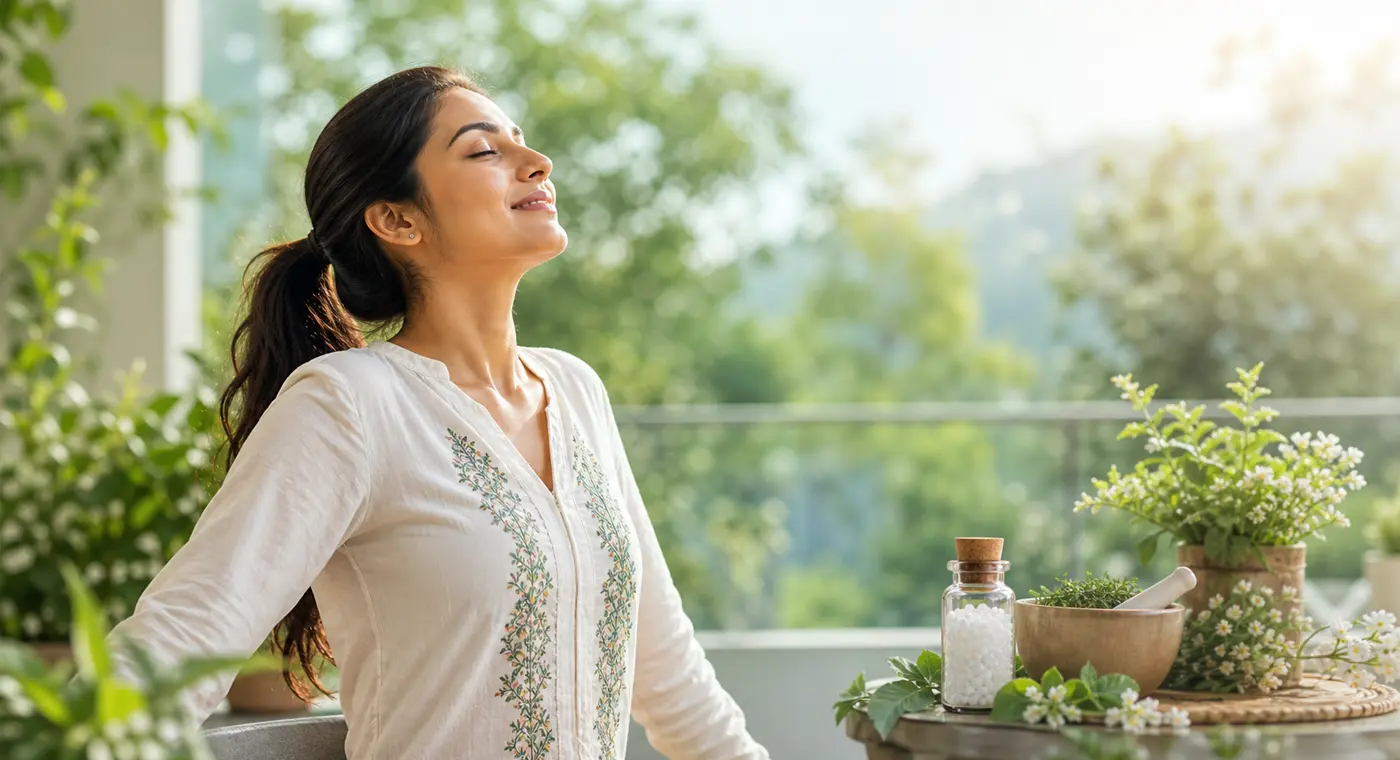 Woman breathing calmly in a serene natural wellness setting
